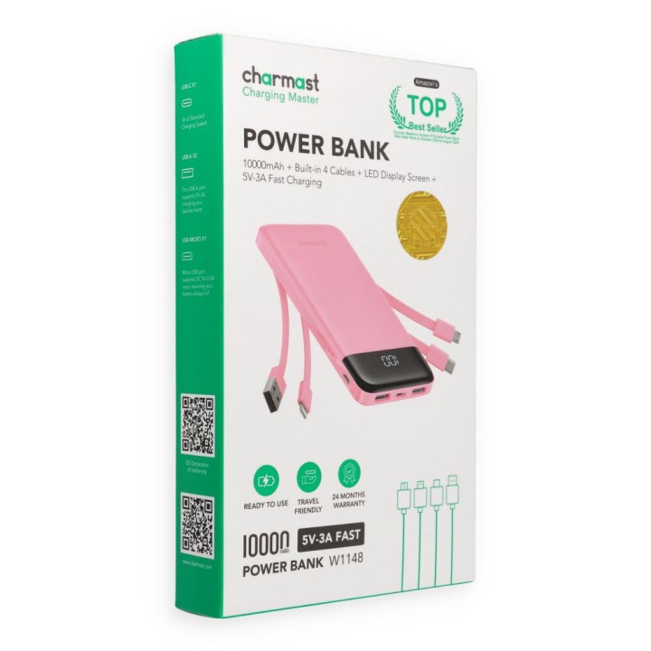 Повербанк 5V 3A 10000 mAh со встроенными кабелями USB A / USB C / Lightning / Micro USB Charmast W1148 розовый OINT