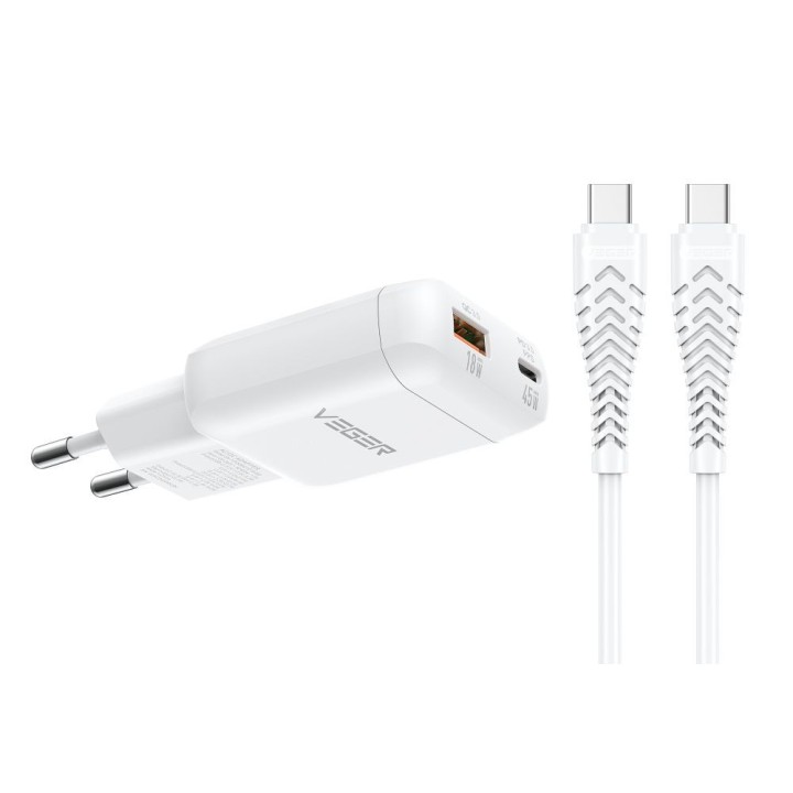 Ładowarka sieciowa do telefonu VEGER USB A + Typ C PD 45W + kabel Typ C do C 100W TR121 biała