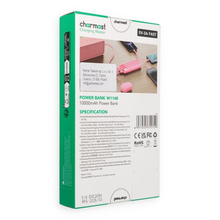Power bank 5V 3A 10000 mAh with built-in cables USB A / USB C / Lightning / Micro USB Charmast W1148 pink OINT