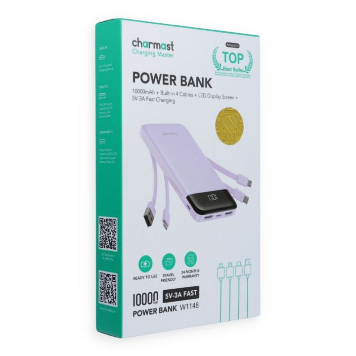 Повербанк 5V 3A 10000 mAh з вбудованими кабелями USB A / USB C / Lightning / Micro USB Charmast W1148 фіолетовий OINT