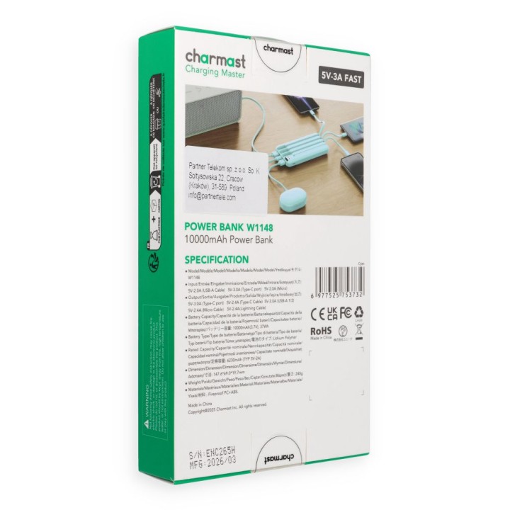 Повербанк 5V 3A 10000 mAh со встроенными кабелями USB A / USB C / Lightning / Micro USB Charmast W1148 зеленый OINT