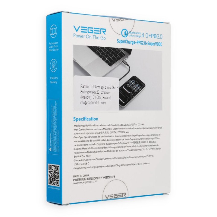 Кабель з дисплеєм LED USB C для USB C VEGER PD 5A 100W 1,5 m CC1-XHJ чорний
