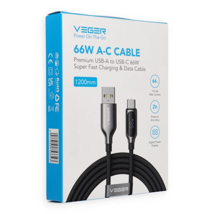 Cable with LED USB A display to USB C VEGER PD 3A 66W 1,2 m AC1-XHJ black