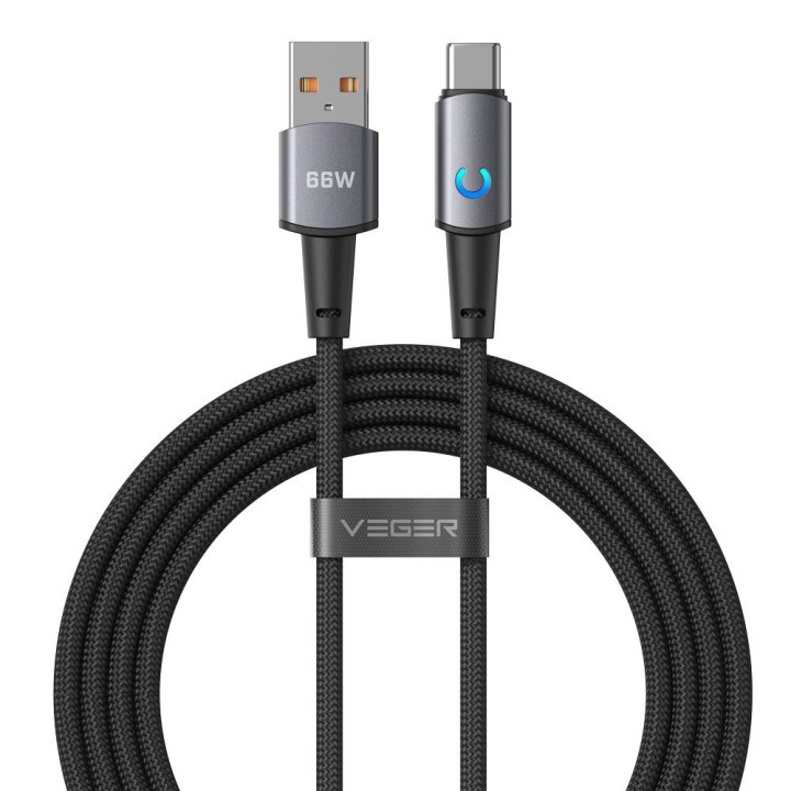 Cable with LED USB A diode to USB C VEGER PD 3A 66W 1,2 m AC1-ZSD black