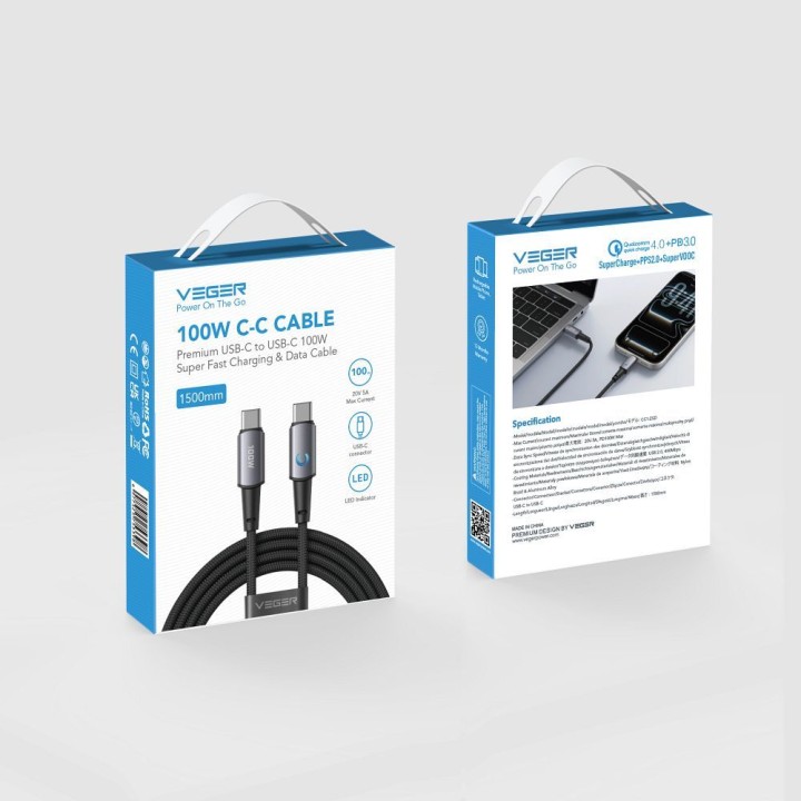 Кабель із діодом LED USB C — USB C VEGER PD 5A 100W 1,5 m CC1-ZSD чорний