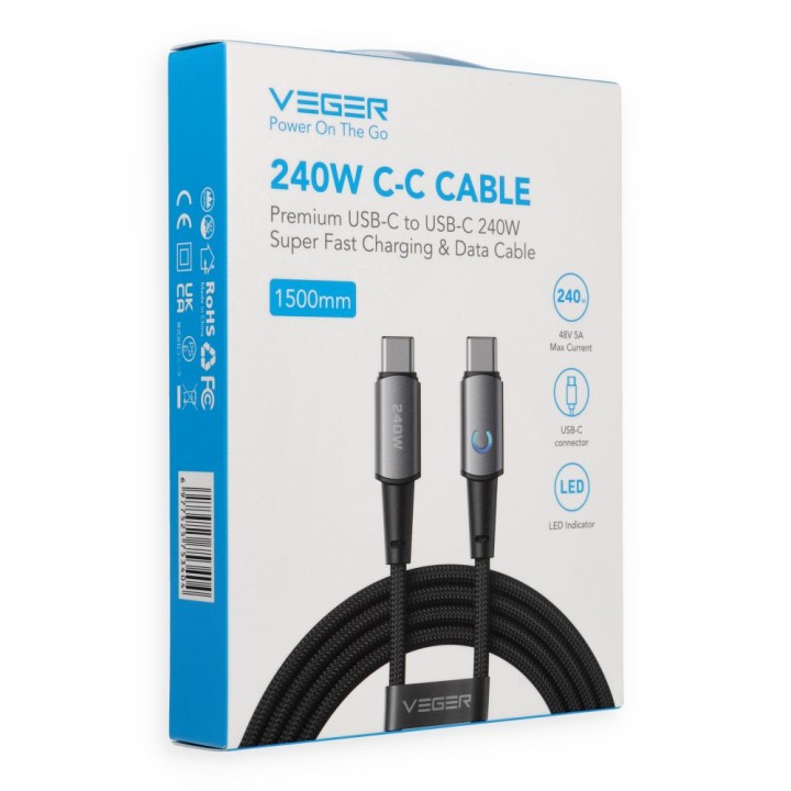 Kabel z diodą LED USB C do USB C VEGER PD 5A 240W 1,5 m CC2-ZSD czarny