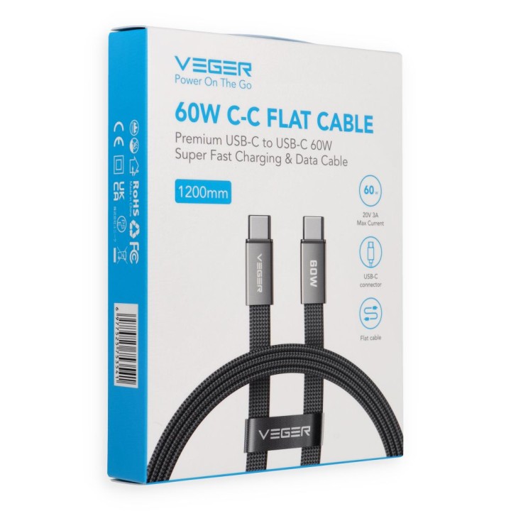 Кабель плаский USB C для USB C VEGER PD 3A 60W 1,2 m CC06-MTB чорний