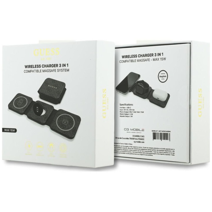 Ładowarka indukcyjna 3w1 zgodna z MagSafe 15W GUESS GUE005439 czarna