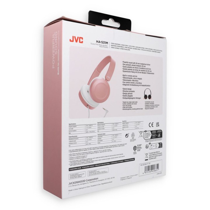 Wired on-ear headphones JVC HAS31MPE pink