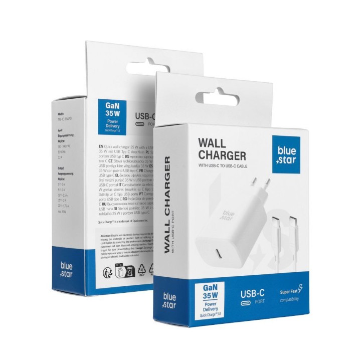 Wall charger for phone Blue Star USB C QC4.0 PD 3A 35W + cable USB C to USB C TFB-TC-35WPD white