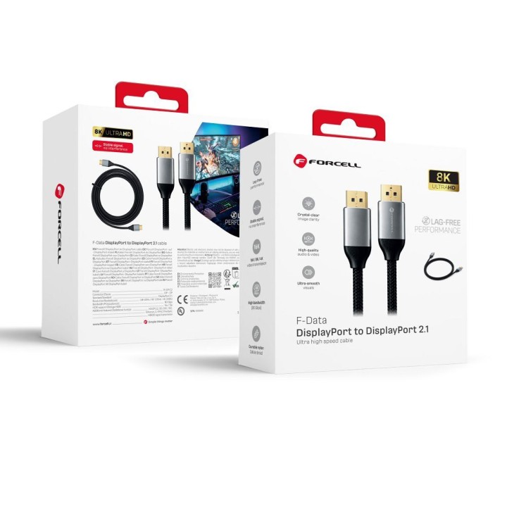 Кабель Display Port — Display Port 2.1 Forcell 16K 60Hz/8K 120Hz/4K 240Hz - High Speed, HDR, Ethernet, G-SYNC/FreeSync, 80Gbps,