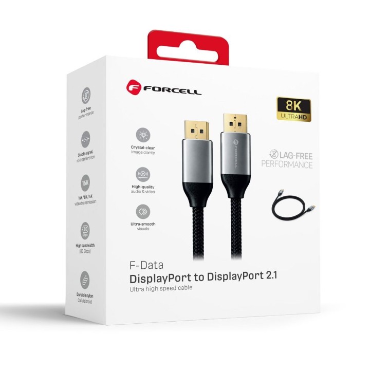 Cable Display Port to Display Port 2.1 Forcell 16K 60Hz/8K 120Hz/4K 240Hz - High Speed, HDR, Ethernet, G-SYNC/FreeSync, 80Gbps,