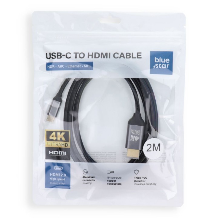 Кабель USB C для HDMI Blue Star 4K 60Hz - High Speed, HDR, ARC, Ethernet, 2 m чорний