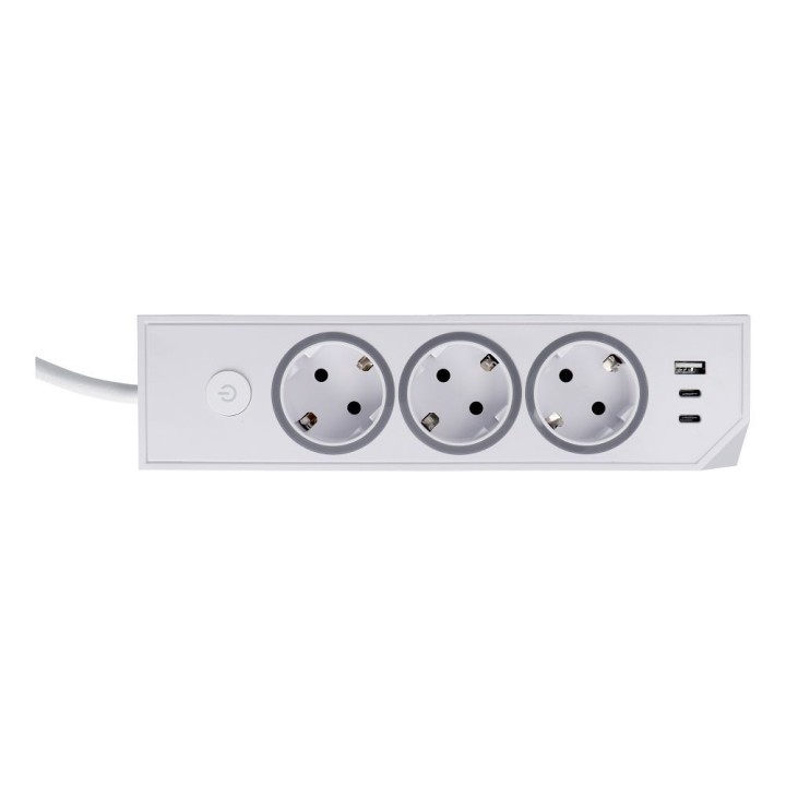 Power strip mains with 3 sockets max 3680W ports 1x USB A, 2x type C 25W with cable power 1m5m E59 white