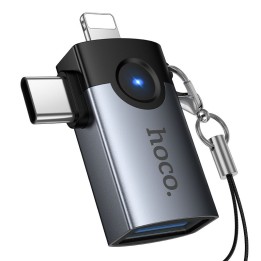 Адаптер OTG 2w1 Lightning / USB C для USB A Hoco UA46D Victory серый