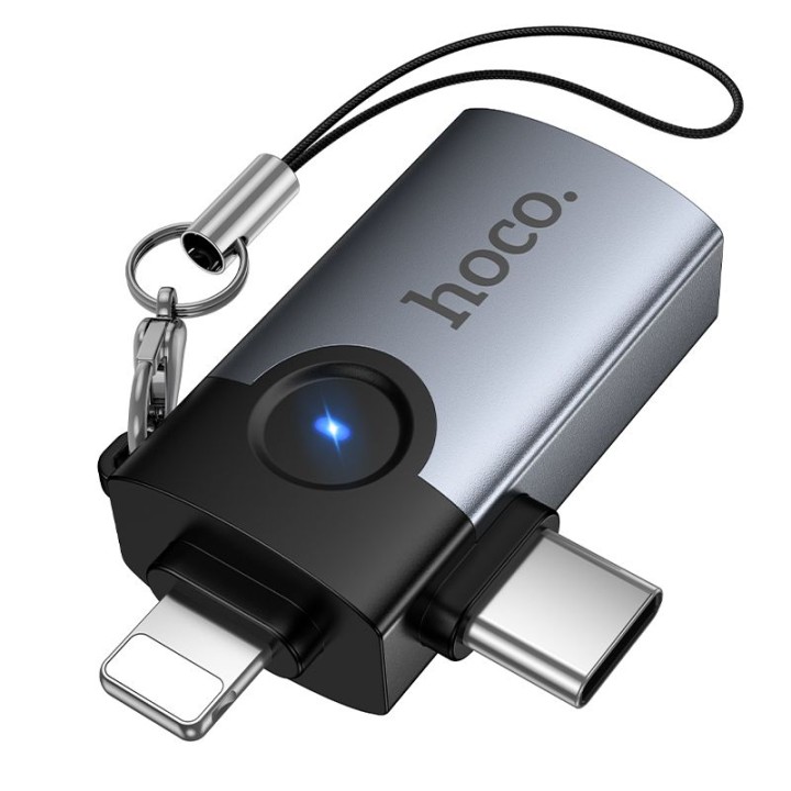 OTG adapter 2-in-1 Lightning / USB C to USB A Hoco UA46D Victory grey