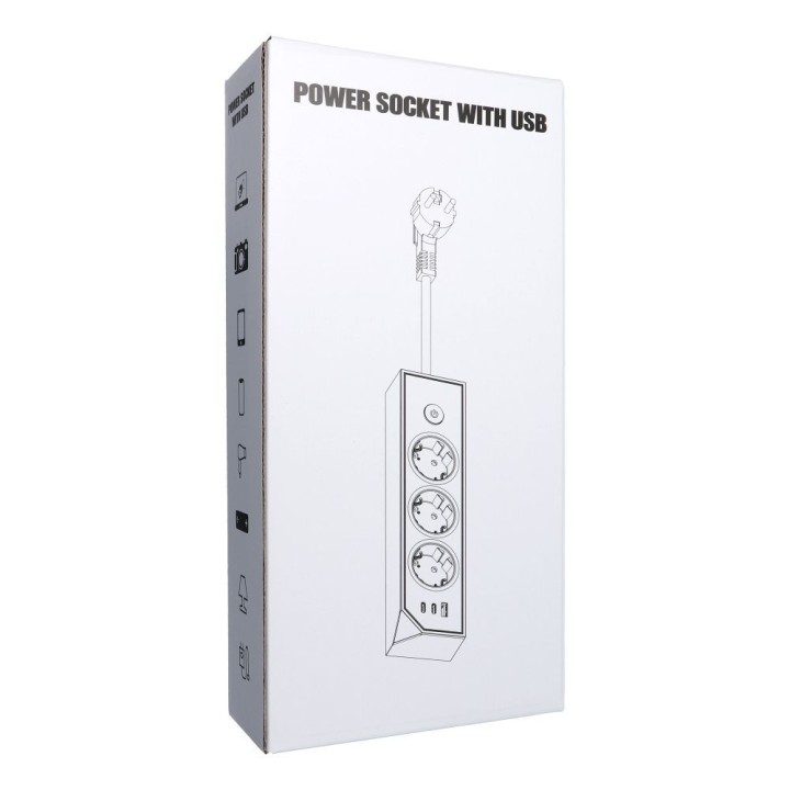 Power strip mains with 3 sockets max 3680W ports 1x USB A, 2x type C 25W with cable power 1m5m E59 white