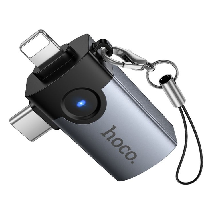 Адаптер OTG 2 в 1 Lightning / USB C на USB A Hoco UA46D Victory сірий