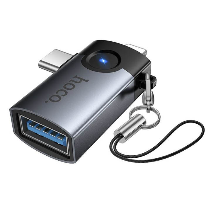 Адаптер OTG 2 в 1 Lightning / USB C на USB A Hoco UA46D Victory серый