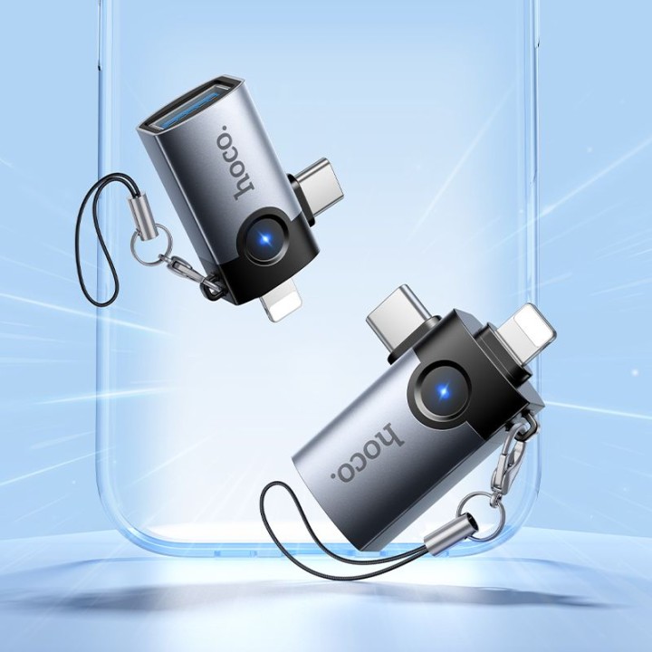 Адаптер OTG 2 в 1 Lightning / USB C на USB A Hoco UA46D Victory сірий