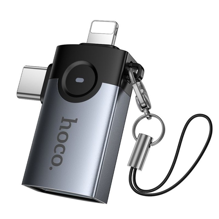 Адаптер OTG 2 в 1 Lightning / USB C на USB A Hoco UA46D Victory серый
