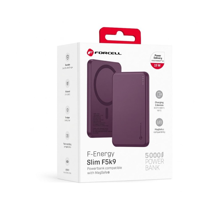 Повербанк совместимый с MagSafe Forcell F-Energy Slim F5K9 QC4.0 PD3.0 15W 5000 mAh бордовый 0INT