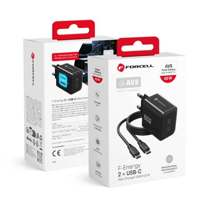 Сетевое зарядное устройство для телефона Forcell F-Energy GaN III Crystal Color 2x USB C AVS SSFC3.0 60W + кабель USB-C – USB-C