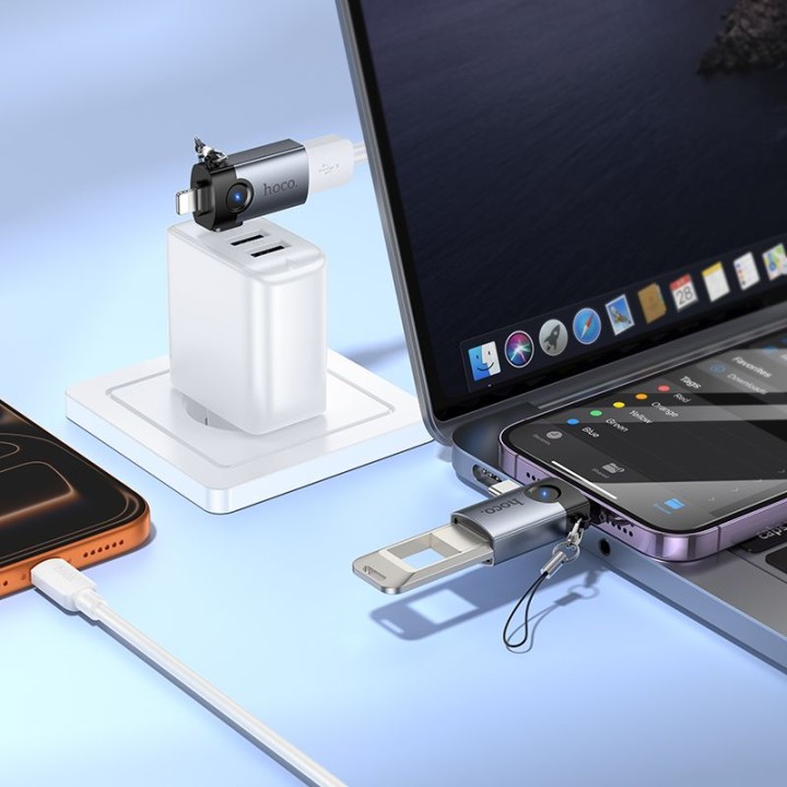 Адаптер OTG 2 в 1 Lightning / USB C на USB A Hoco UA46D Victory серый