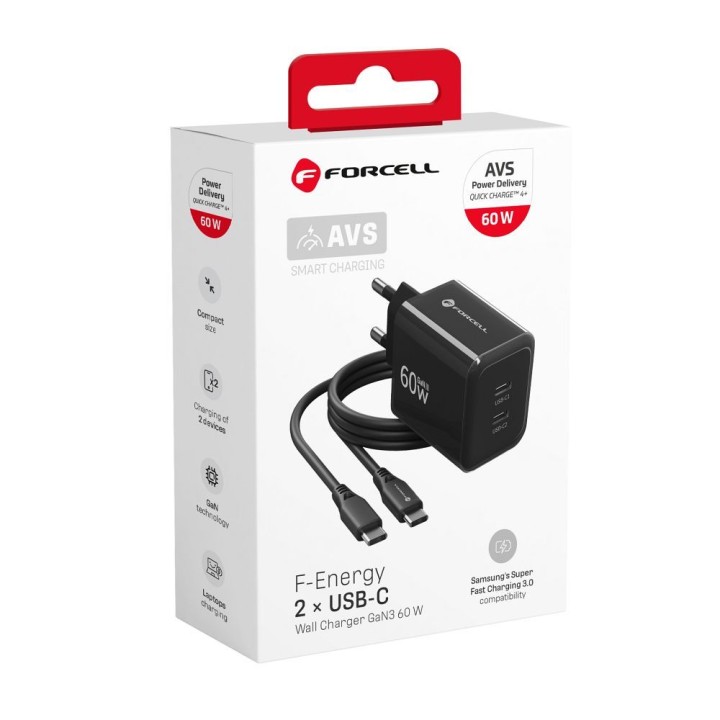Wall charger for phone Forcell F-Energy GaN III Crystal Color 2x USB C AVS SSFC3.0 60W + USB-C to USB-C cable VT-60