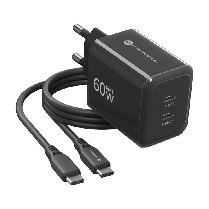 Сетевое зарядное устройство для телефона Forcell F-Energy GaN III Crystal Color 2x USB C AVS SSFC3.0 60W + кабель USB-C – USB-C