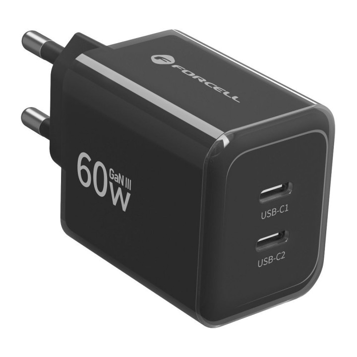 Wall charger for phone Forcell F-Energy GaN III Crystal Color 2x USB C AVS SSFC3.0 60W + cable USB C to USB C VT-60