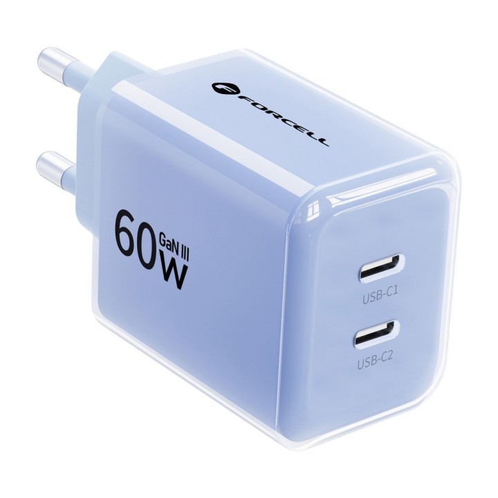 Wall charger for phone Forcell F-Energy GaN III Crystal Color 2x USB C AVS SSFC3.0 60W + USB-C to USB-C cable VT-60