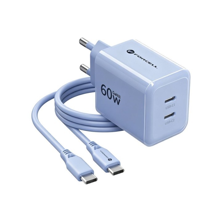 Wall charger for phone Forcell F-Energy GaN III Crystal Color 2x USB C AVS SSFC3.0 60W + USB-C to USB-C cable VT-60