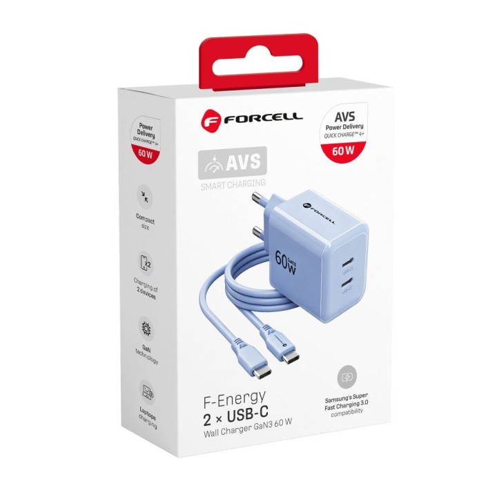 Wall charger for phone Forcell F-Energy GaN III Crystal Color 2x USB C AVS SSFC3.0 60W + USB-C to USB-C cable VT-60