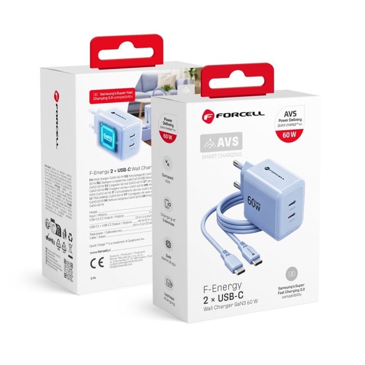 Wall charger for phone Forcell F-Energy GaN III Crystal Color 2x USB C AVS SSFC3.0 60W + USB-C to USB-C cable VT-60