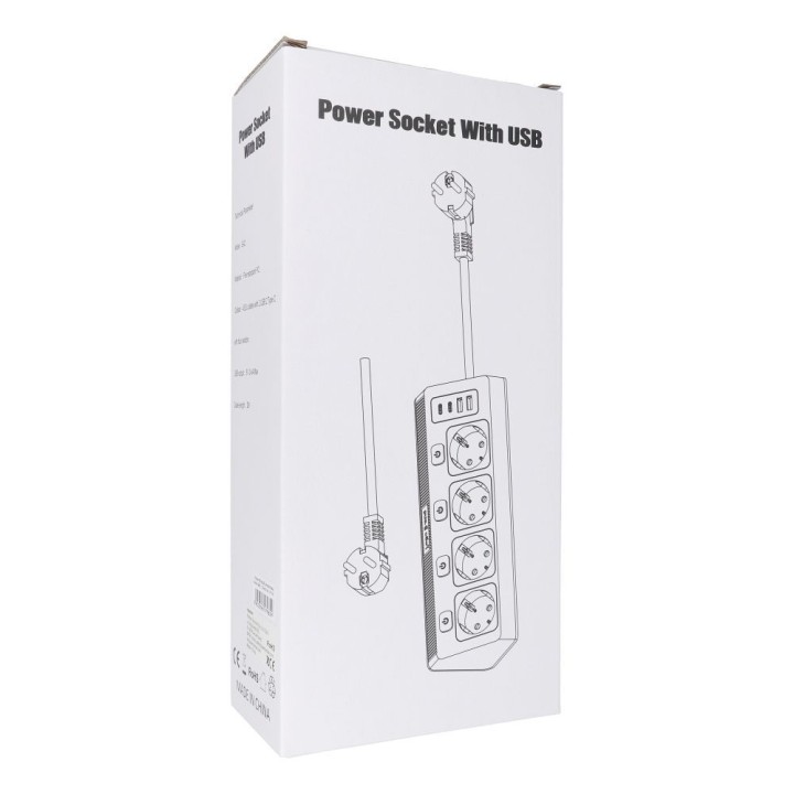 Сетевой фильтр сетевая с 4 розетками max 3680W портами 2x USB A, 2x тип C с кабелем питания 2m E42 белый