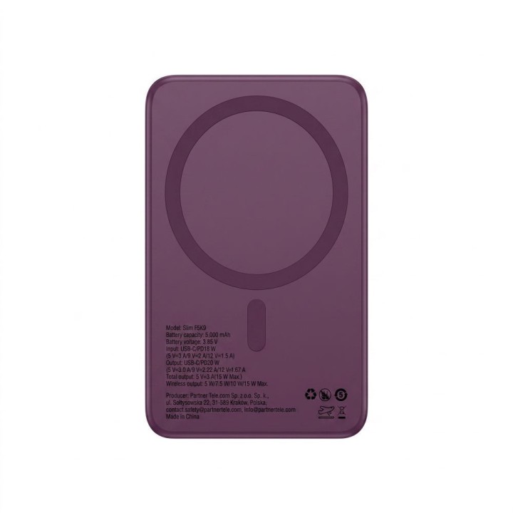 Powerbank zgodny z MagSafe Forcell F-Energy Slim F5K9 QC4.0 PD3.0 15W 5000 mAh burgundowy  0INT