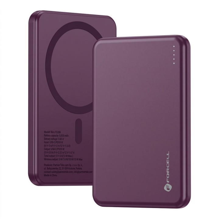Powerbank zgodny z MagSafe Forcell F-Energy Slim F5K9 QC4.0 PD3.0 15W 5000 mAh burgundowy  0INT