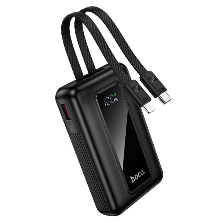 Повербанк 10000 mAh QC PD 22,5W с встроенными кабелями USB C + Lightning Hoco J162 черный
