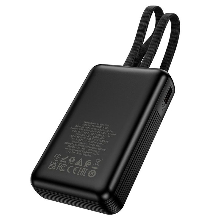 Повербанк 10000 mAh QC PD 22,5W со встроенными кабелями USB C + Lightning Hoco J162 черный