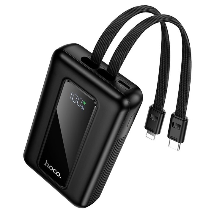 Power bank 10000 mAh QC PD 22,5W with built-in cables USB C + Lightning Hoco J162 black