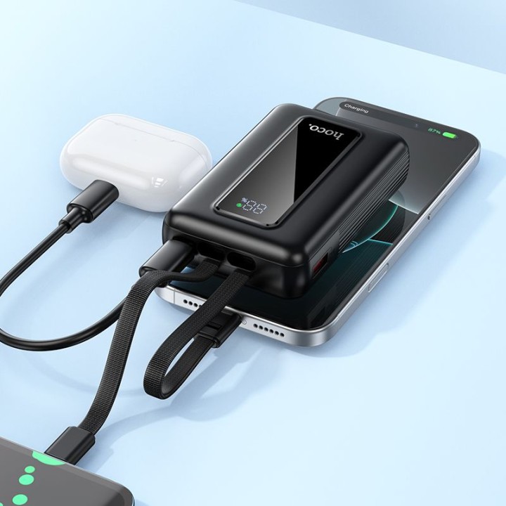 Power bank 10000 mAh QC PD 22,5W with built-in cables USB C + Lightning Hoco J162 black