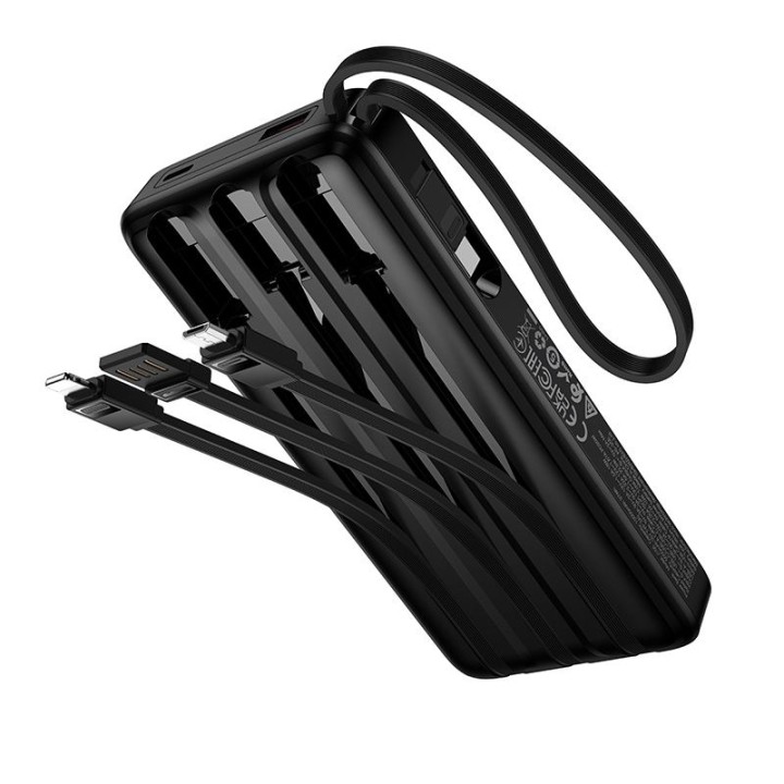 Power bank 10000 mAh QC PD 2A 22,5W with built-in cables USB A + USB C + Lightning + Micro USB Hoco J156 black