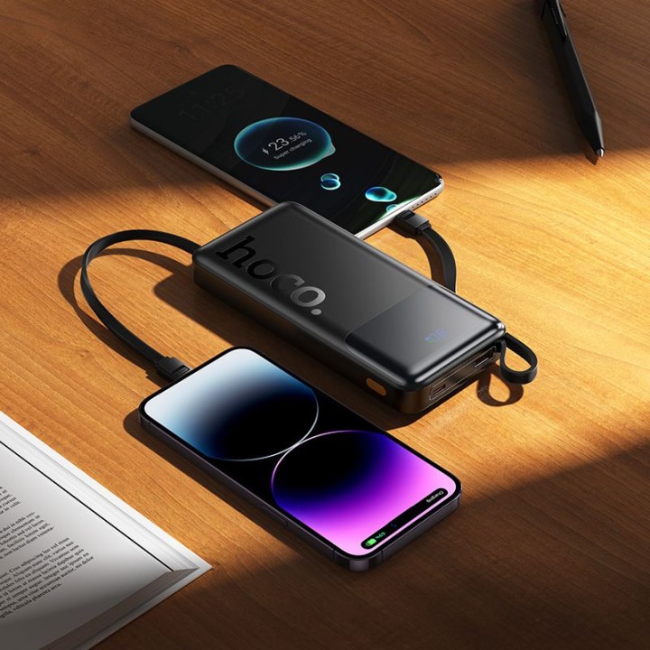 Повербанк 10000 mAh QC PD 2A 22,5W с встроенными кабелями USB A + USB C + Lightning + Micro USB Hoco J156 черный