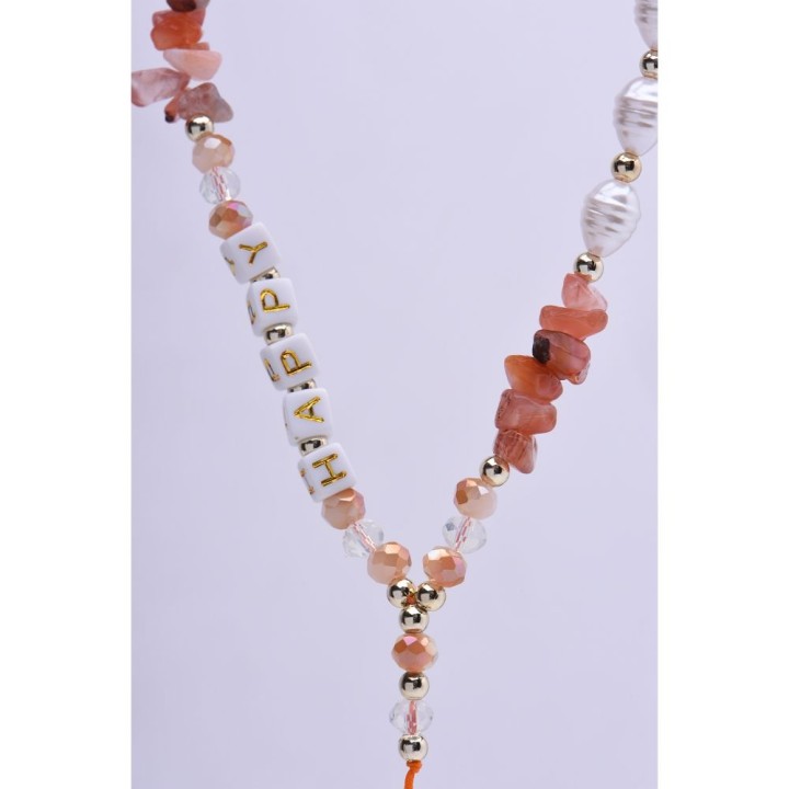 Phone lanyard, charm for phone - HAPPY / cord length 44cm (22cm in a loop) / wrist - orange