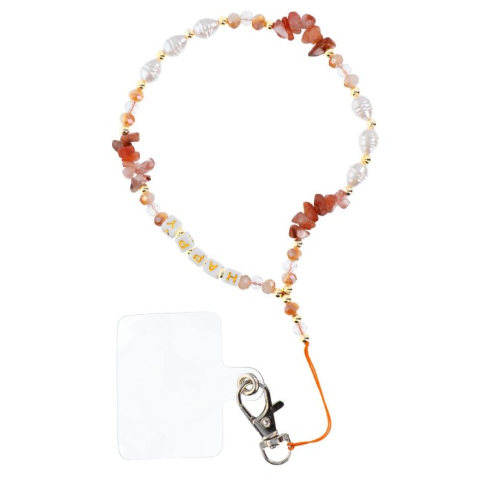 Phone lanyard, charm for phone - HAPPY / cord length 44cm (22cm in a loop) / wrist - orange