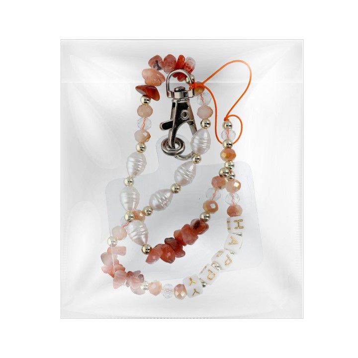 Phone lanyard, charm for phone - HAPPY / cord length 44cm (22cm in a loop) / wrist - orange