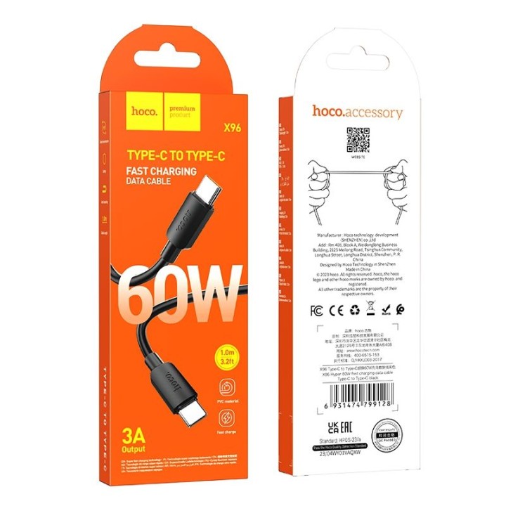Кабель USB C — USB C Hoco PD 3A 60W 1 m X96 черный