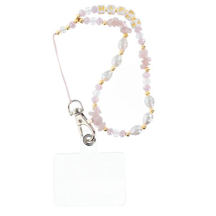 Phone lanyard, charm for phone - HAPPY / cord length 44cm (22cm in a loop) / wrist - pink