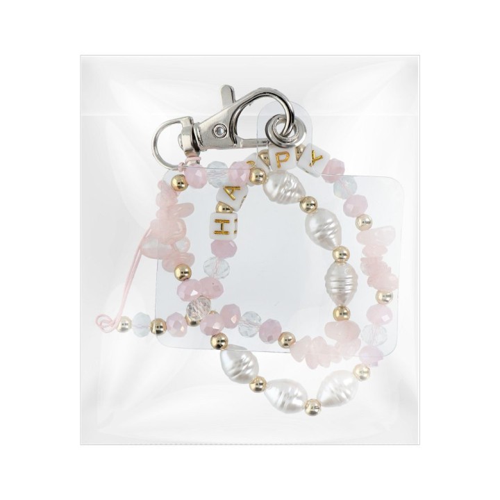 Phone lanyard, charm for phone - HAPPY / cord length 44cm (22cm in a loop) / wrist - pink